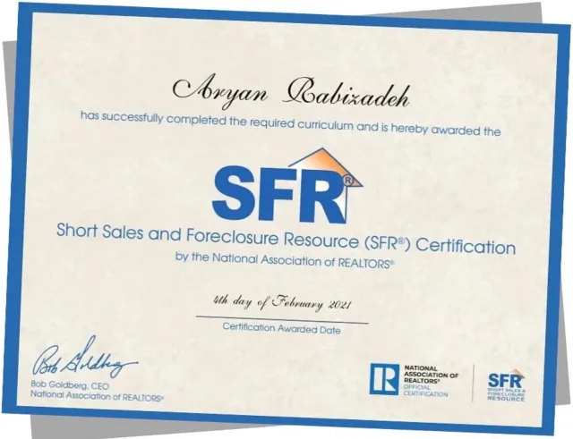 Aryan Rabizadeh's SFR certificate from the National Association of REALTORS®, awarded February 4, 2021
