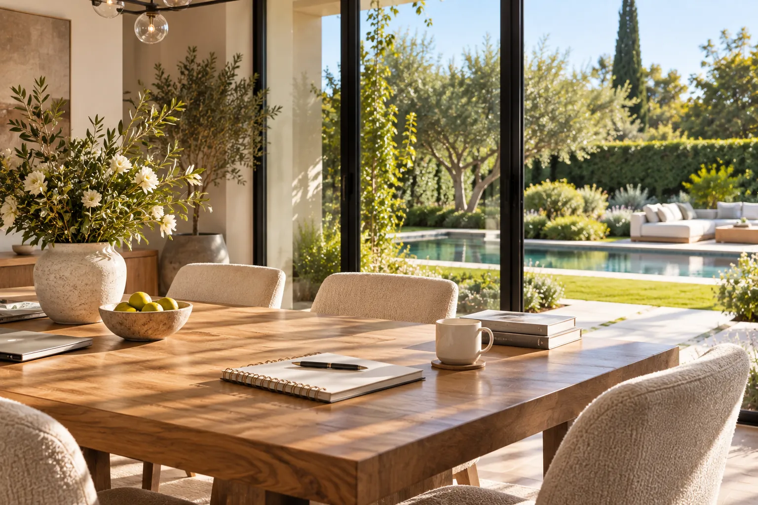 Illustrative image of a sunlit table set for planning a home sale—not a listing.