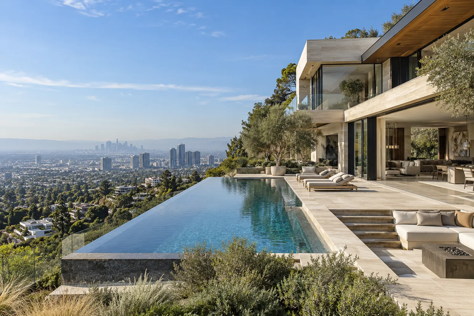 Illustrative image of a modern hillside residence with a city view in daylight—not a listing.