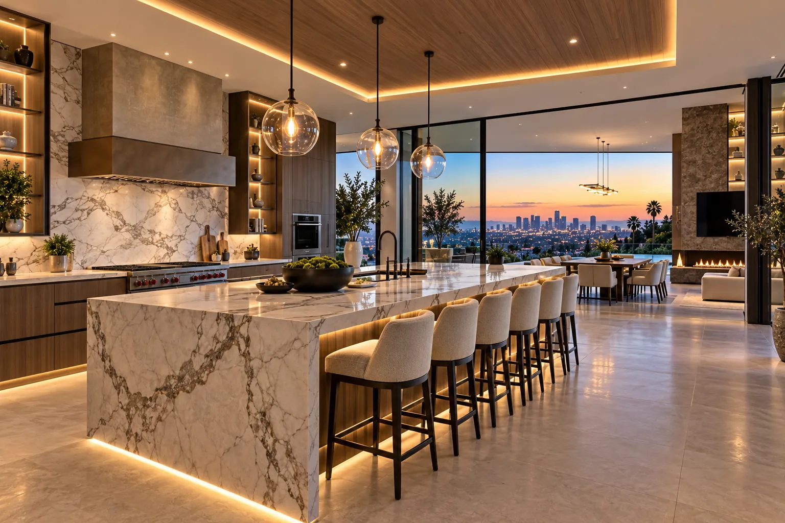 Illustrative image of a staged kitchen with a city view at dusk—not a listing.