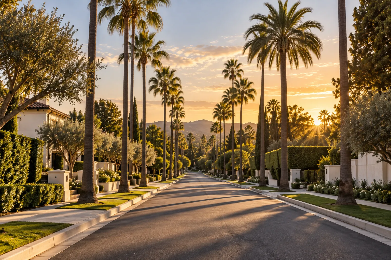 Illustrative image of a palm-lined Los Angeles residential street at golden hour—not a listing.