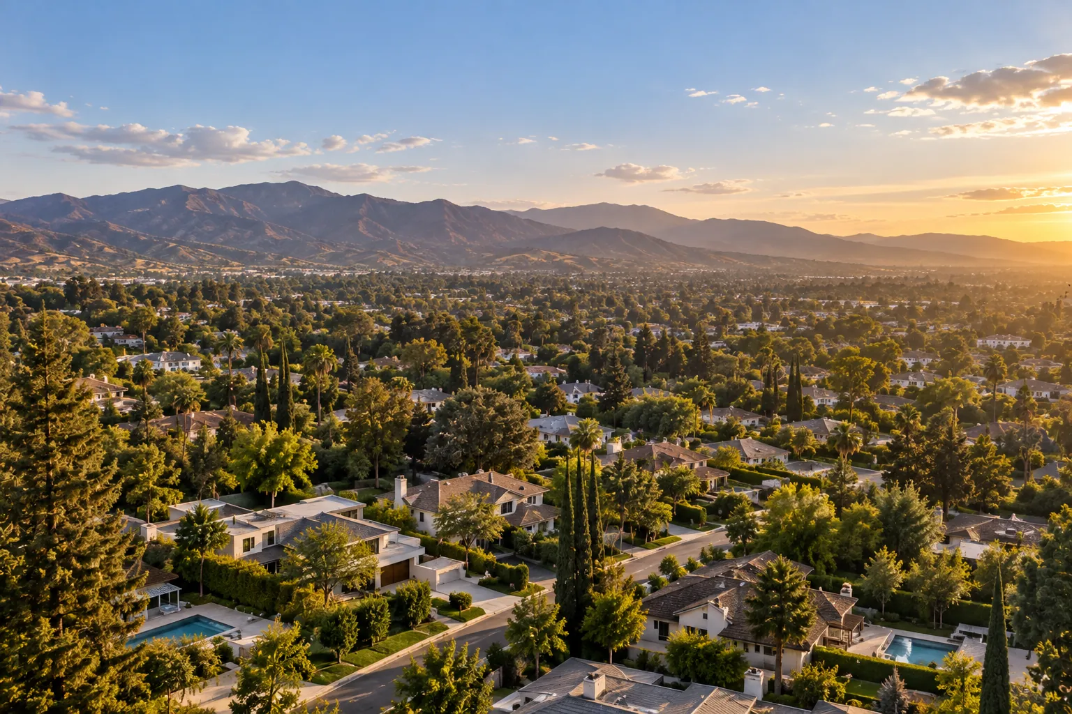 Illustrative image of a San Fernando Valley neighborhood at golden hour—not a listing.